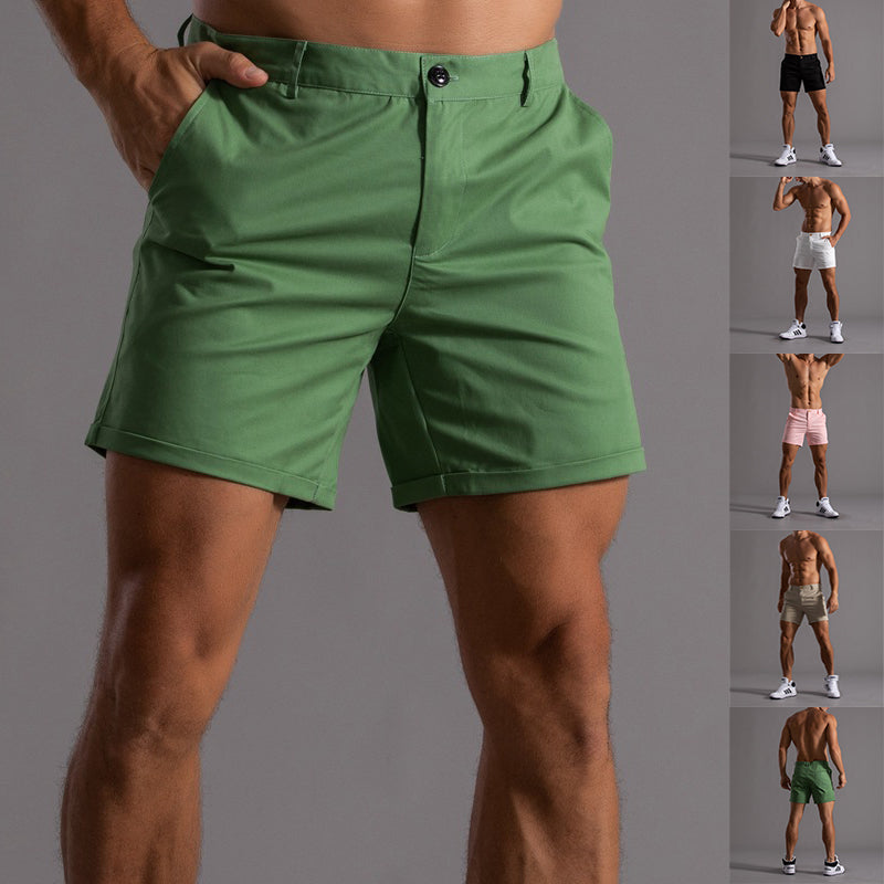 Green shorts worn by a person on a gray background with inset images of different shorts.