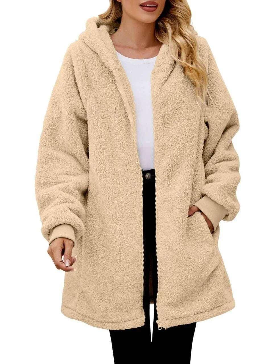 Women’s Plush Zip Hoodie Coat – Loose Long Sleeve Jacket - ZA-Zola