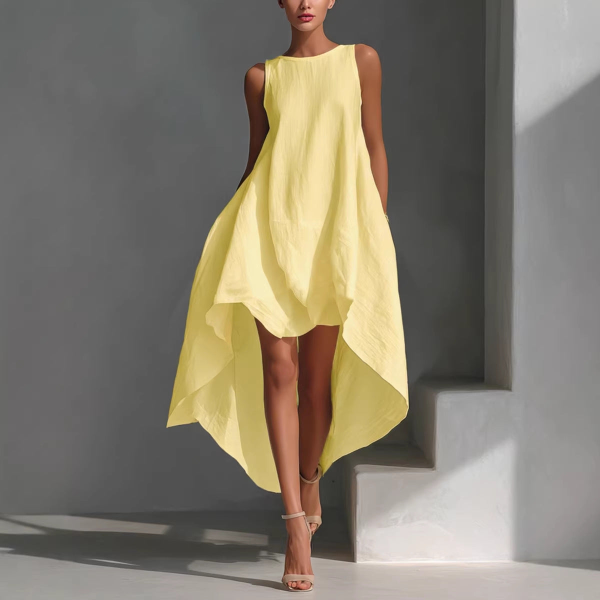 Woman wearing a yellow dress against a gray background