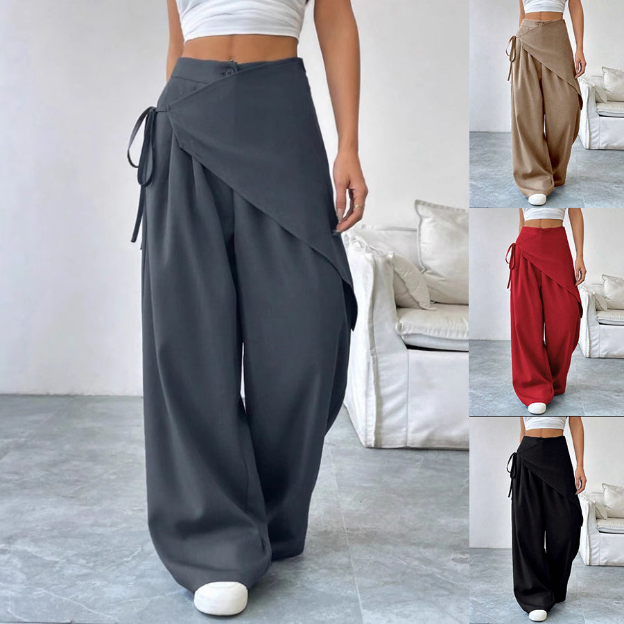 Collage of wide-leg pants in various colors with a neutral background.