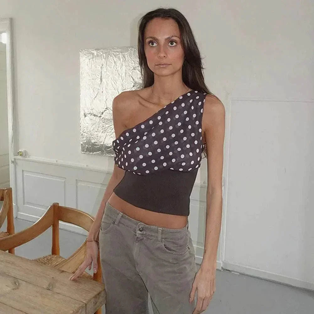 Polka Dot Oblique Shoulder Chiffon Crop Top - ZA-Zola