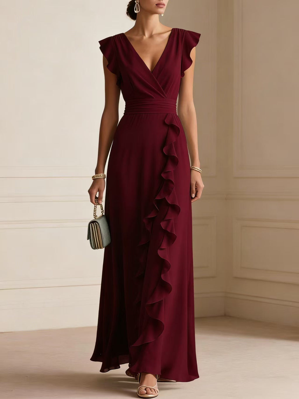 Woman wearing a burgundy evening gown with ruffled details in an indoor setting.