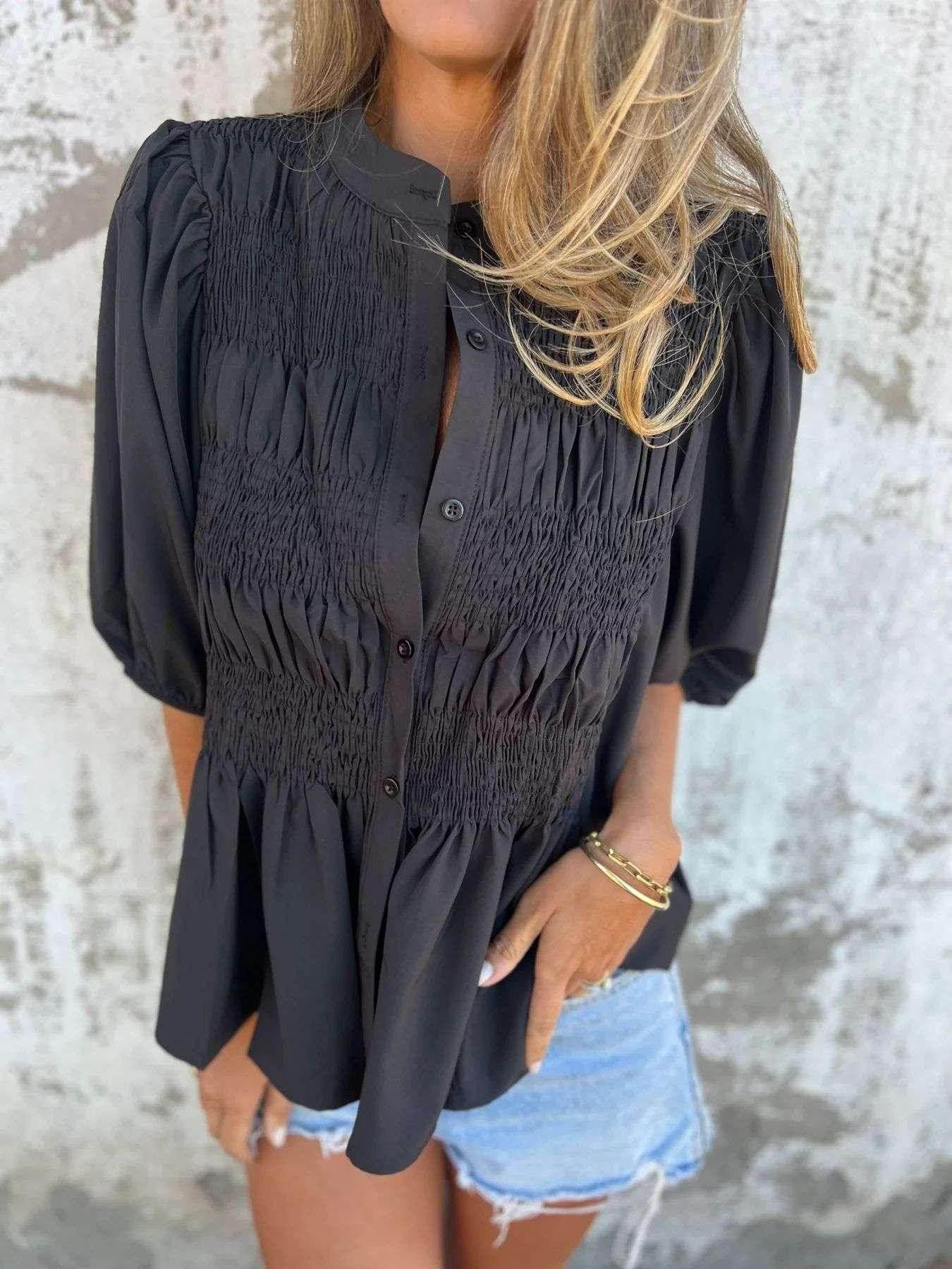 Pleated Button Casual Summer T-shirt for Women - ZA-Zola