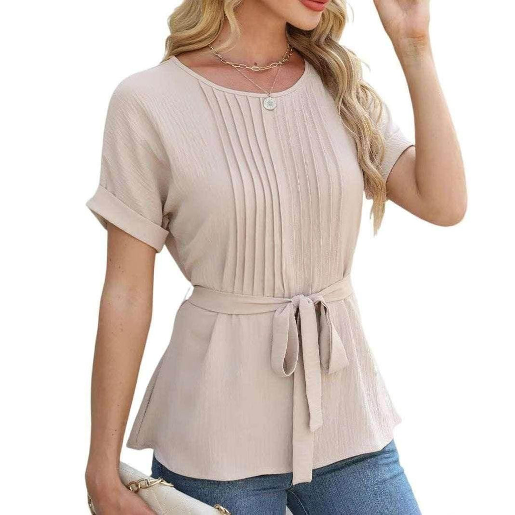 Ruffled Pleated Round Neck Short Sleeve Shirt - ZA-Zola