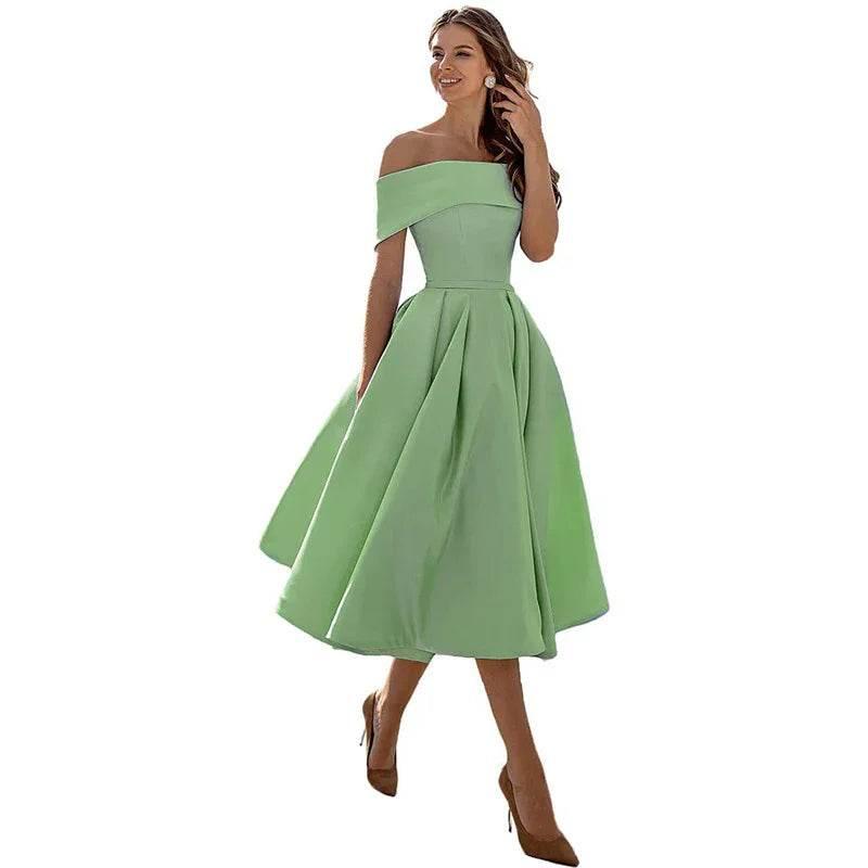 Off-Shoulder Satin Tea-Length Party Dress - ZA-Zola