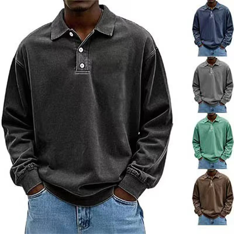 Man wearing a dark gray long-sleeve polo shirt with color options displayed below.