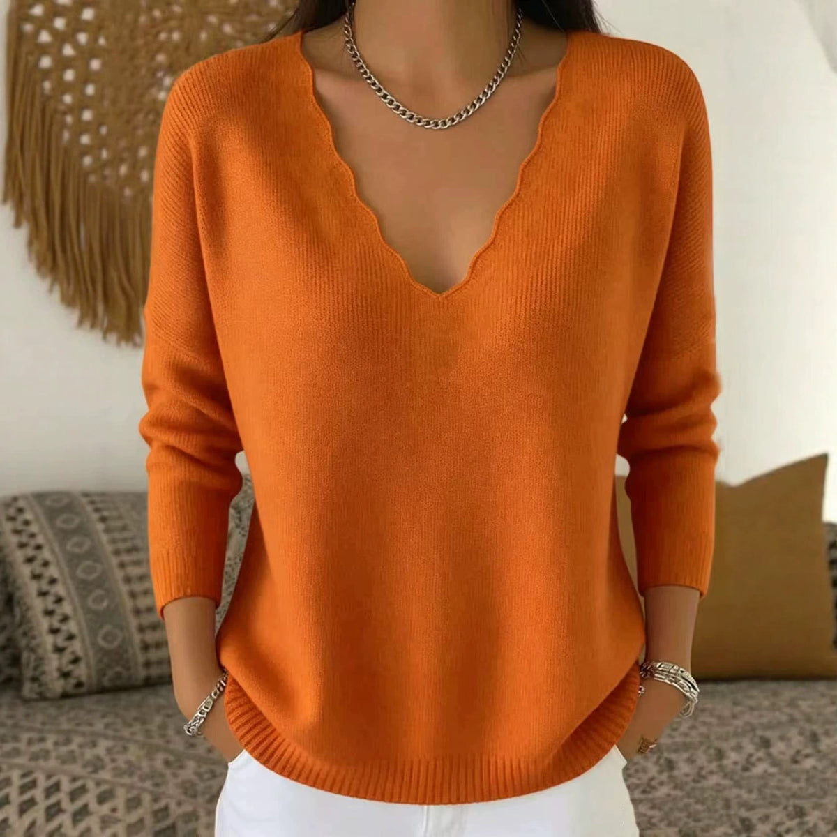 Women’s V Neck Knit Sweater | Loose Knit Pullover