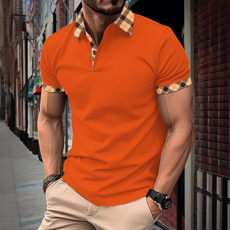 Man wearing an orange polo shirt with plaid collar and cuffs in an urban setting