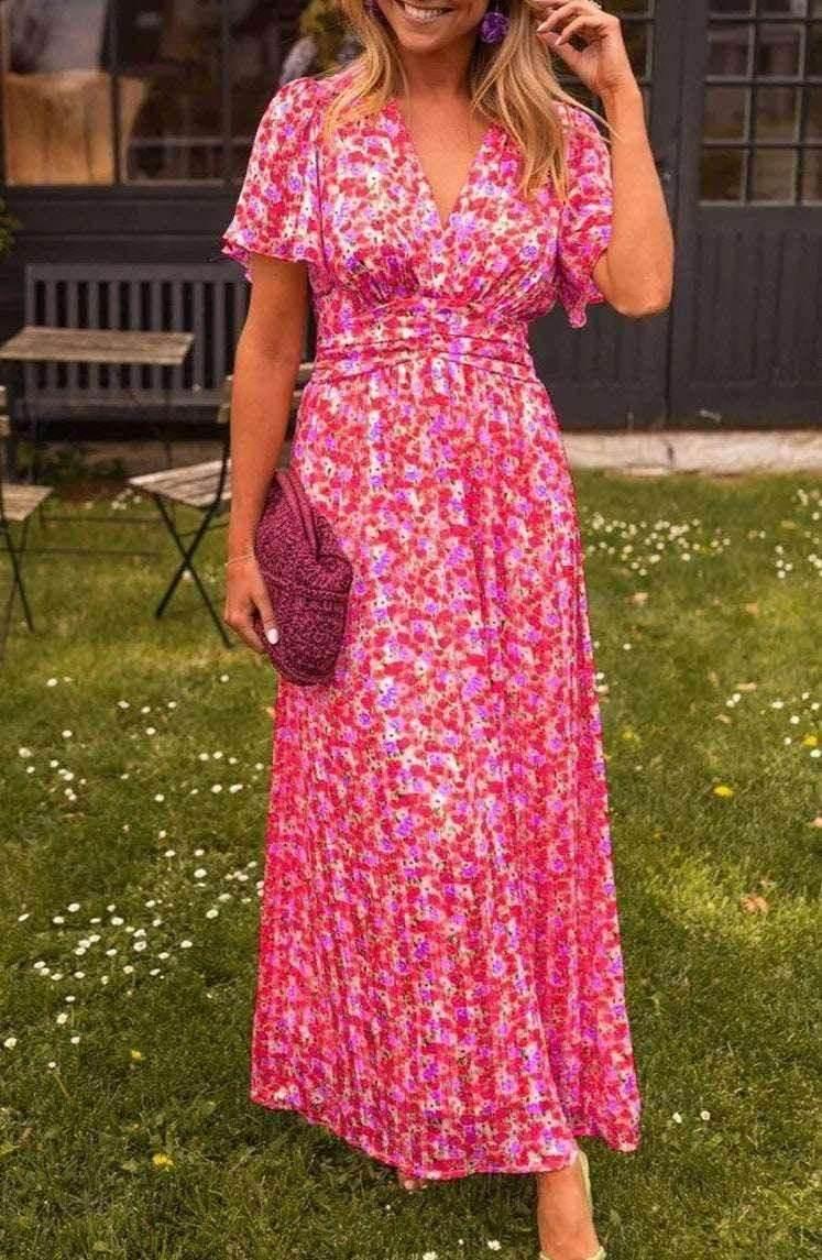 Floral V-Neck Waist Dress – Flowy & Feminine Fit - ZA-Zola