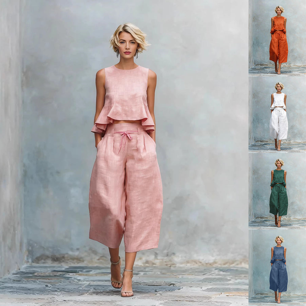 Woman in a pink outfit standing against a gray wall with smaller inset images of other women in different outfits.