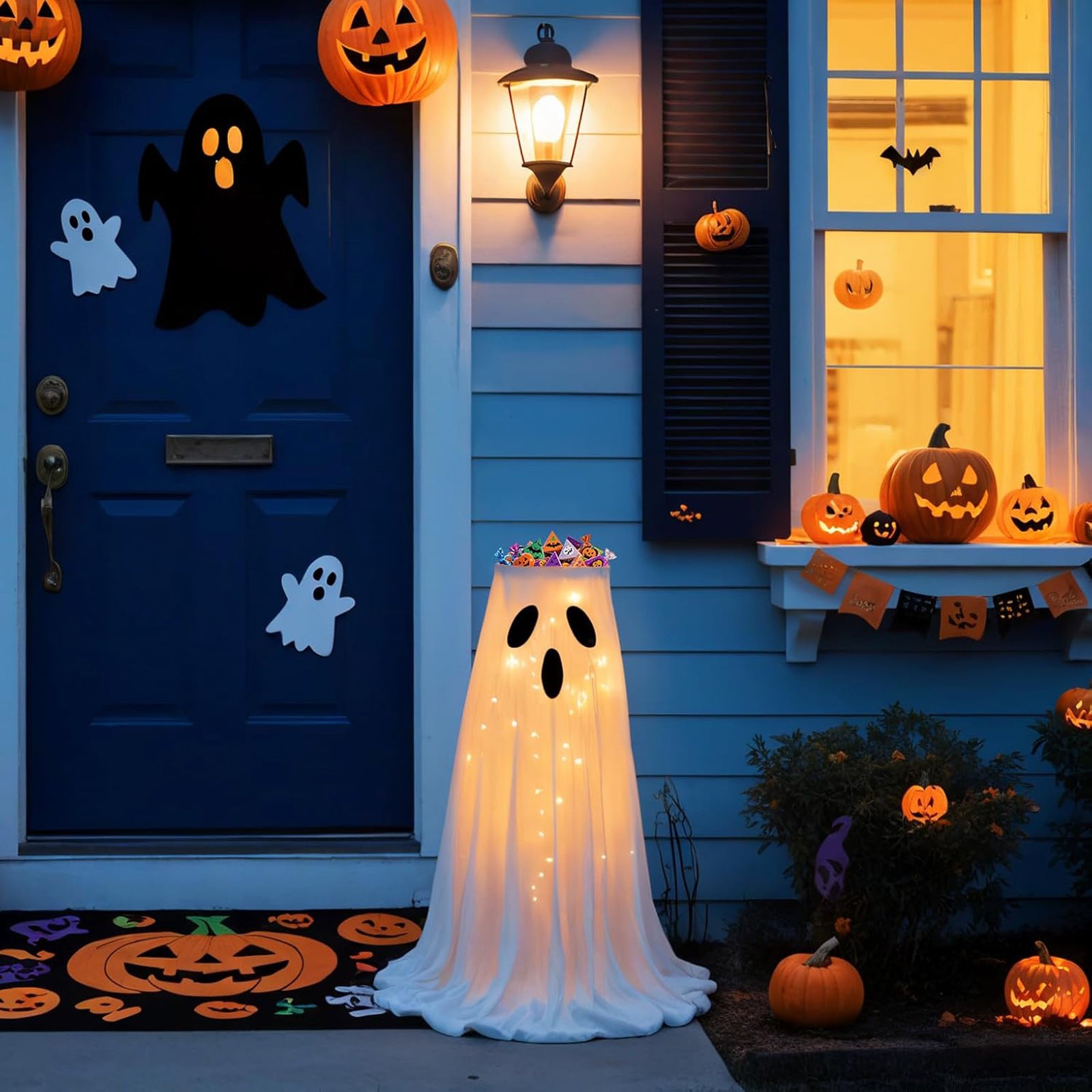 Halloween-themed front porch with decorations including pumpkins, ghosts, and a lit ghost-shaped lantern.