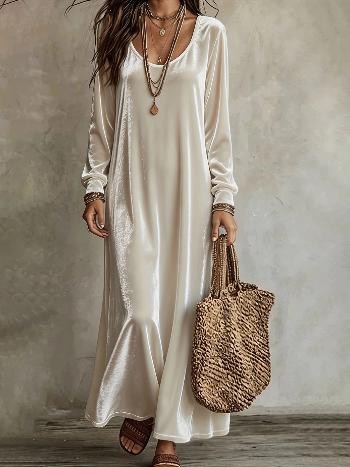 A woman wearing a long-sleeve, V-neck maxi dress in a warm off-white or cream satin-like fabric, holding a woven straw tote bag against a textured gray wall.