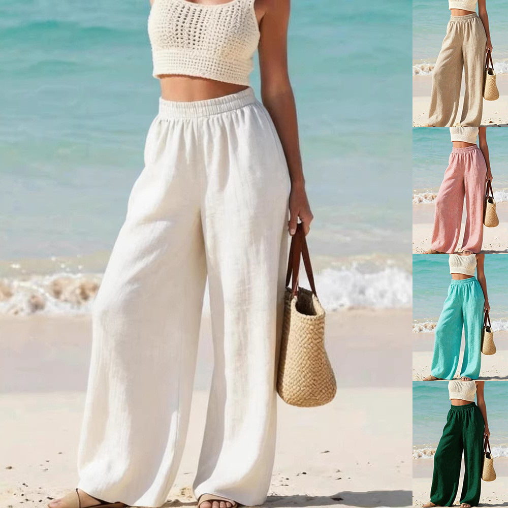Woman wearing white wide-leg pants on a beach with a collage of similar outfits in different colors.