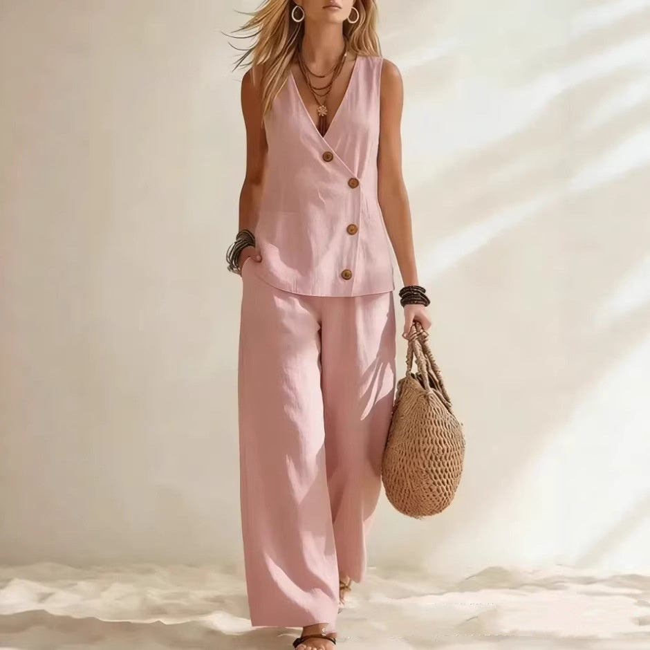 Button Up Cardigan Vest Pants Set | Womens