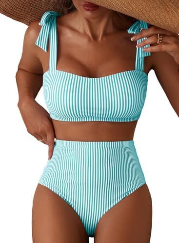 Lace Up Two Piece Bikini Set Women – Striped High Waist Swimwear