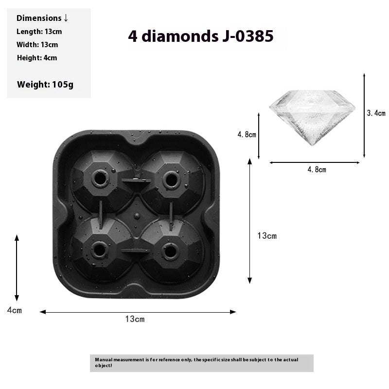 Black diamond-shaped ice cube tray with measurements and a 4-row diamond model on a white background.