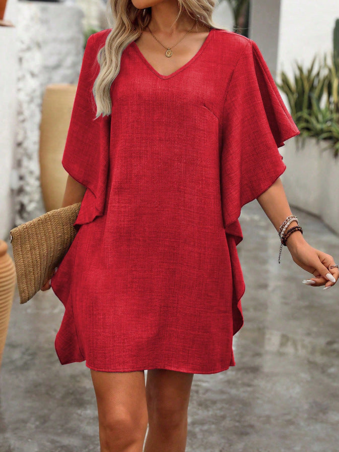 Solid Color Loose Fitting V-Neck Dress with Ruffled Hem – Flowing Mini Pullover Dress