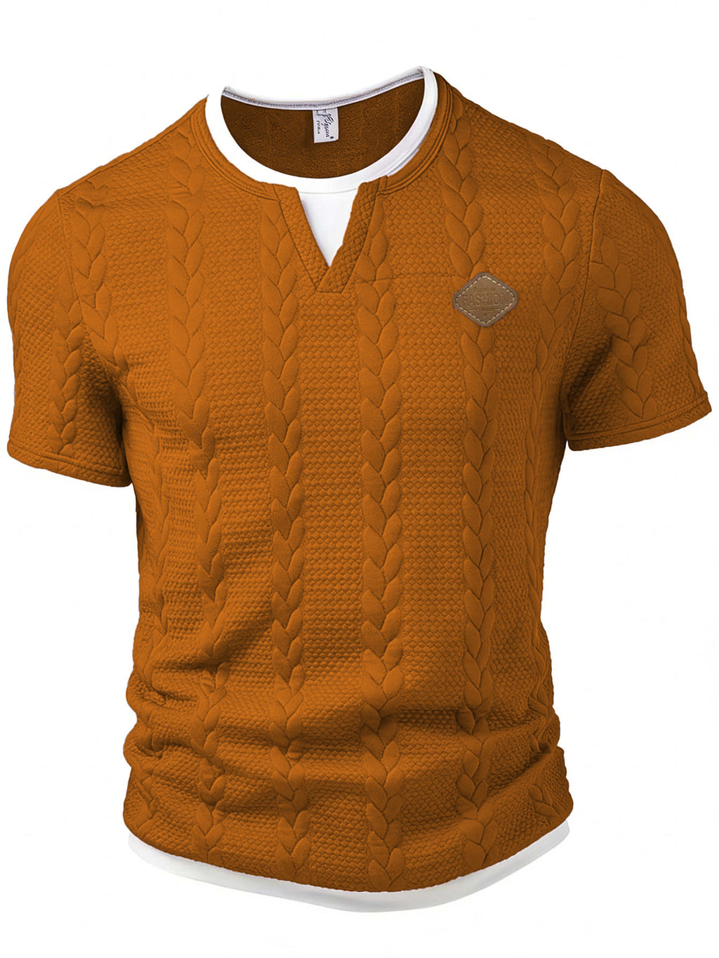 Brown cable knit short-sleeve shirt on a white background