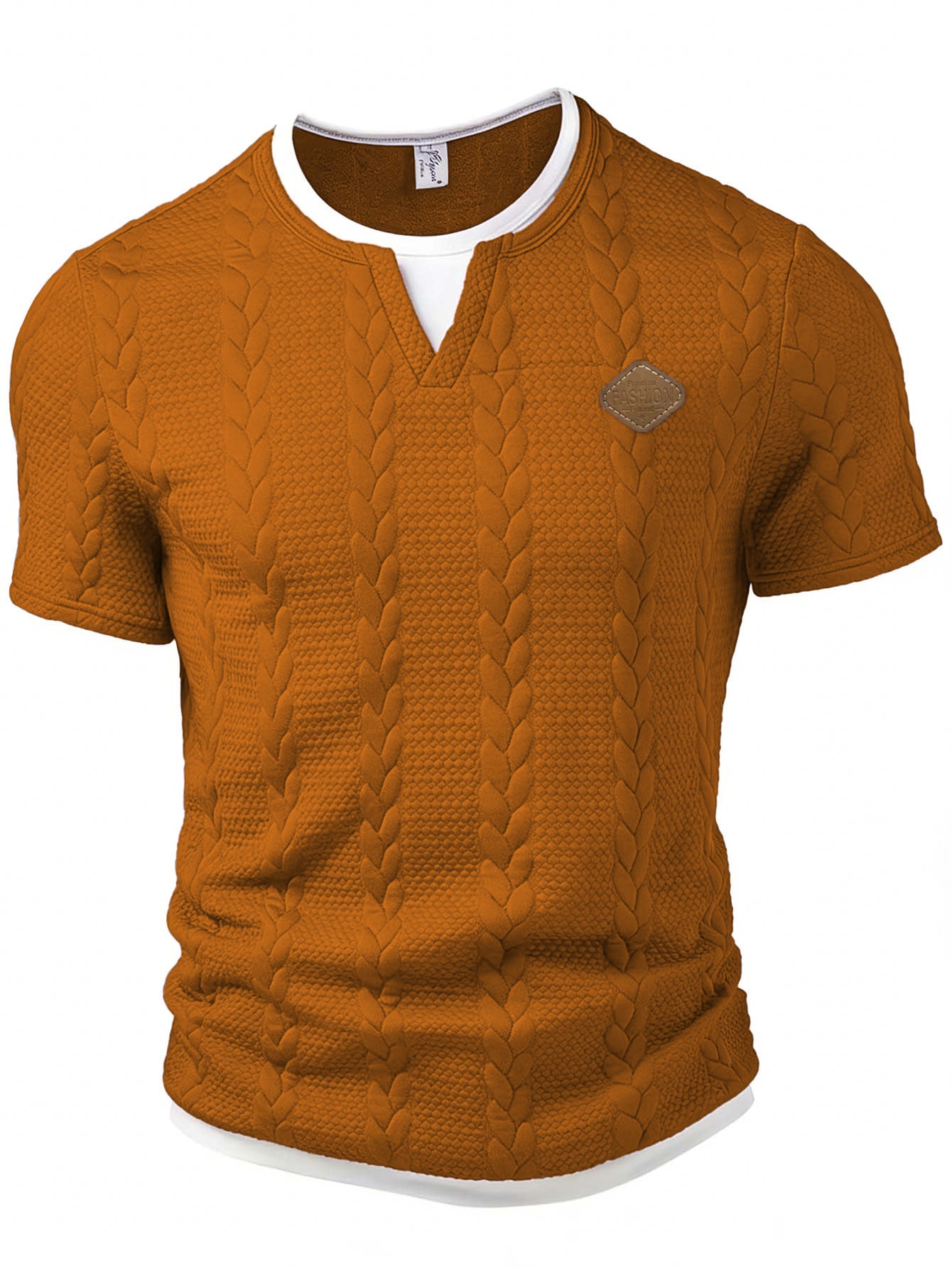 Brown cable knit short-sleeve shirt on a white background