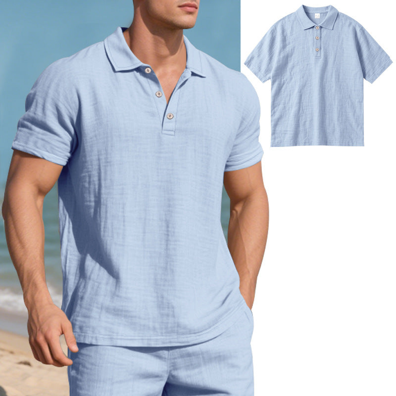 Man wearing a light blue polo shirt on a beach with an inset showing the shirt.