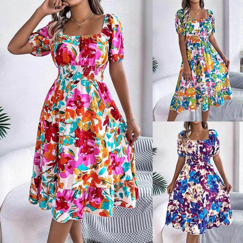 Floral Ruffle A-Line Dress – Square Neck - ZA-Zola
