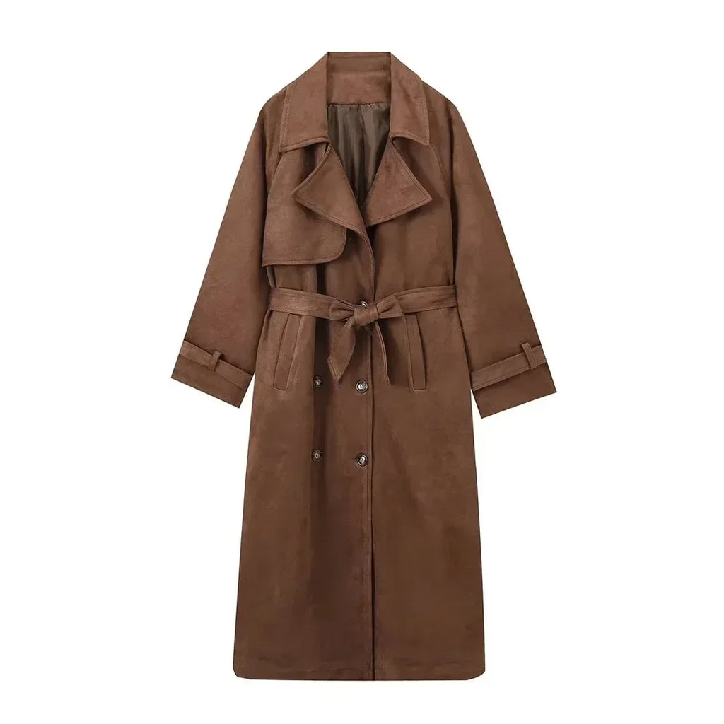 Double Breasted Suede Coat Women – Vintage Belted Long Winter Coat - ZA-Zola