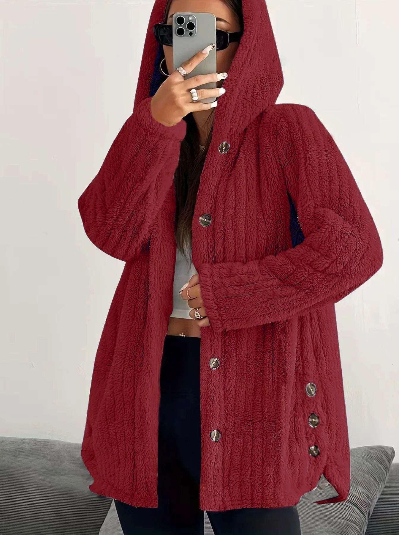 Women’s Hooded Plush Coat – Loose Long Sleeve Jacket - ZA-Zola