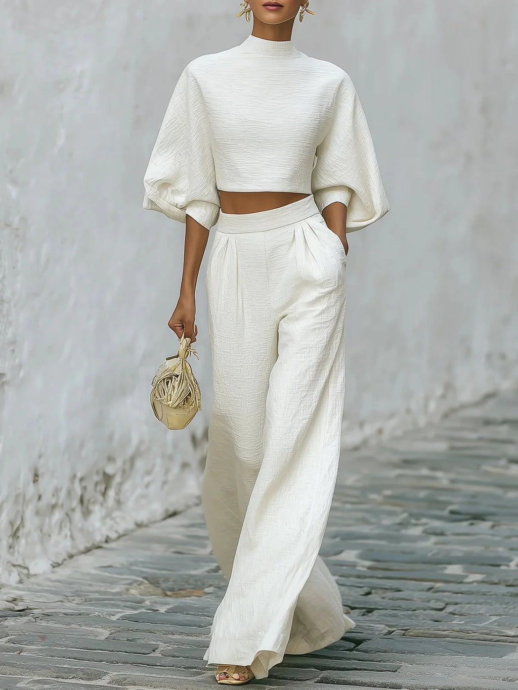 Person wearing a white outfit with wide-legged pants and a matching top, holding a beige handbag on a stone path.