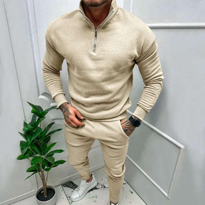 Men’s Casual Fleece Suit – Solid Color Top & Trousers - ZA-Zola