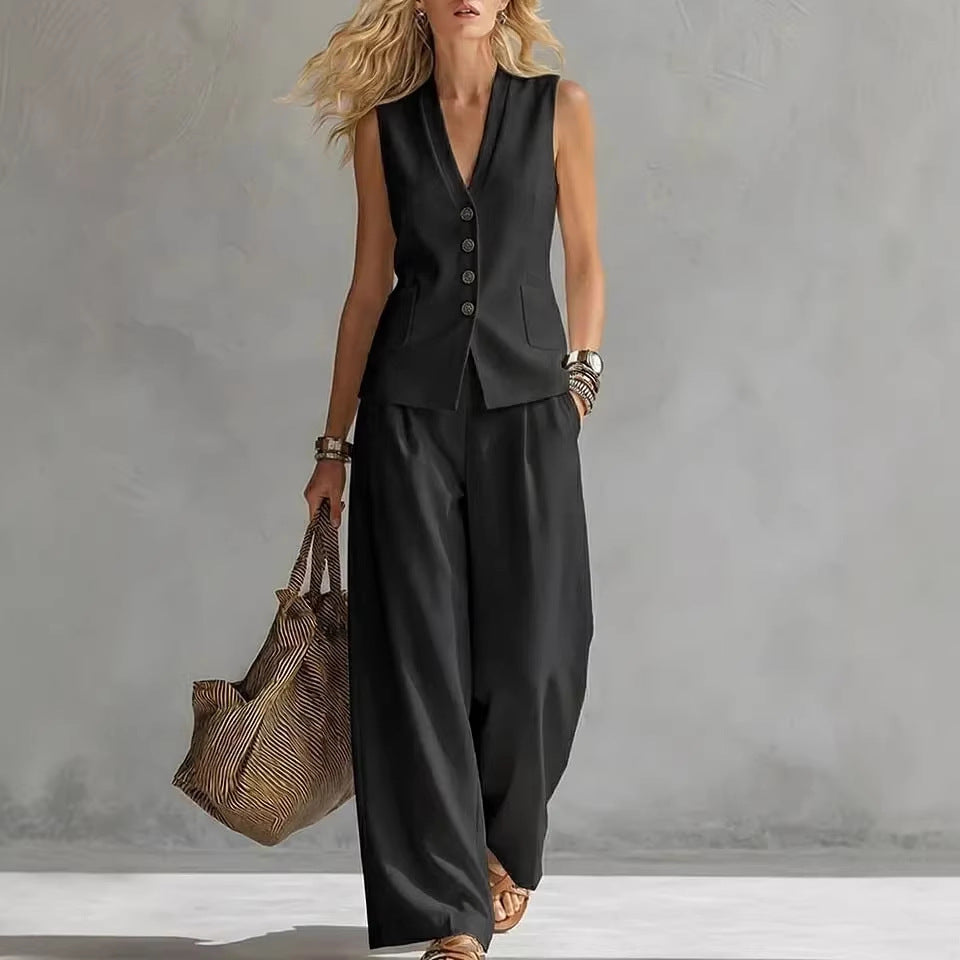 V Neck Sleeveless Linen Pants Set | Summer