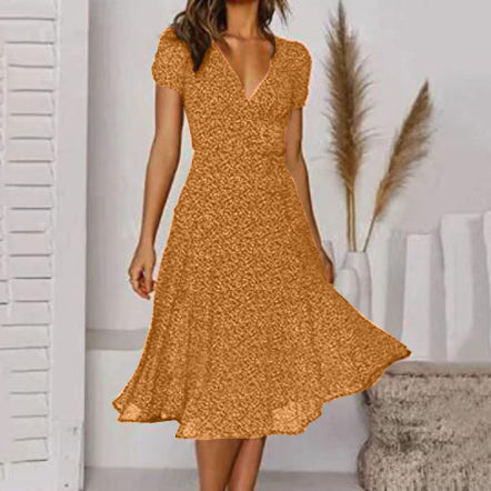 Printed V-Neck Short Sleeve Lace-Up Dress for Women