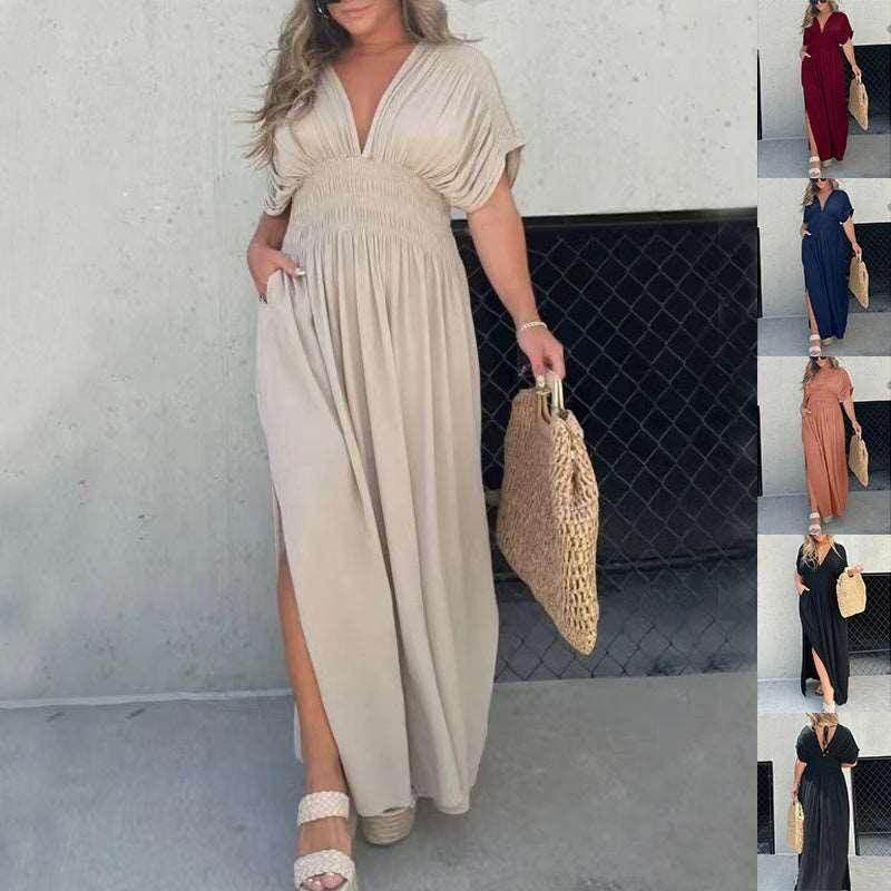 V-Neck Bat Sleeve Slit Dress – Summer Long Dress - ZA-Zola