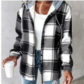 Plaid Hooded Jacket Women Button Pocket Coat - ZA-Zola