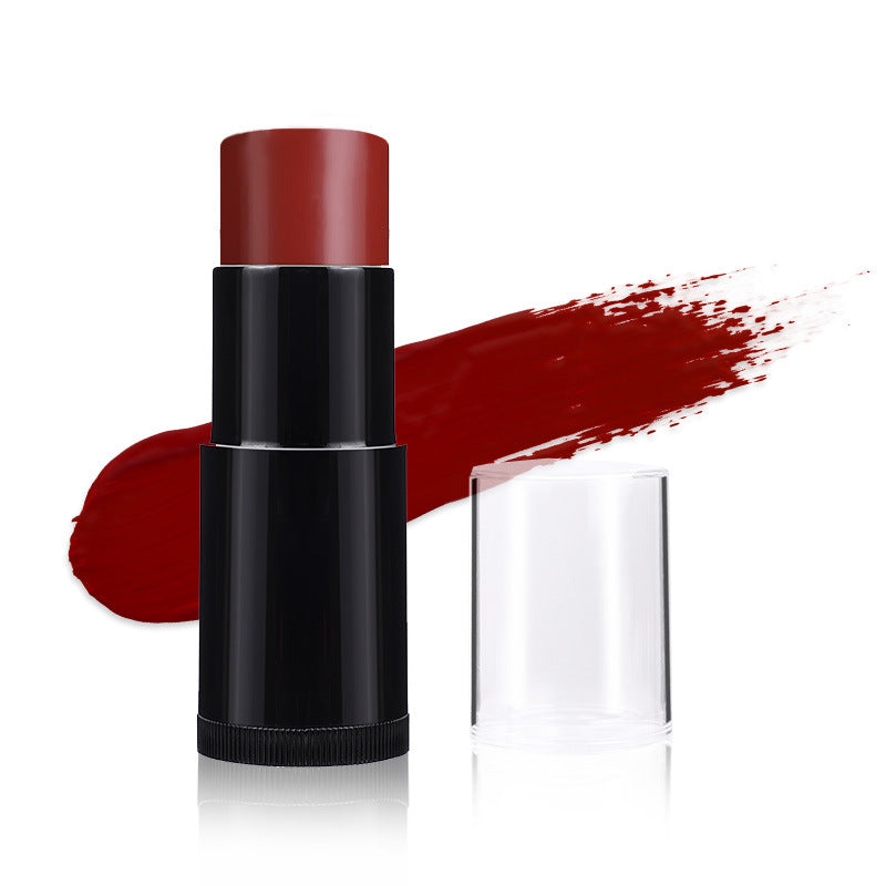 Lipstick stick with red color swatch on a white background