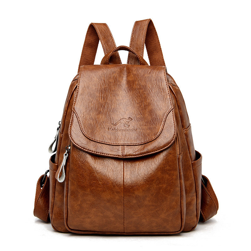 Brown leather backpack on a white background