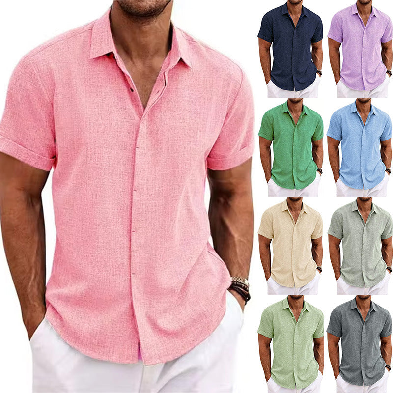 Collection of men wearing short-sleeve button-up shirts in various colors.