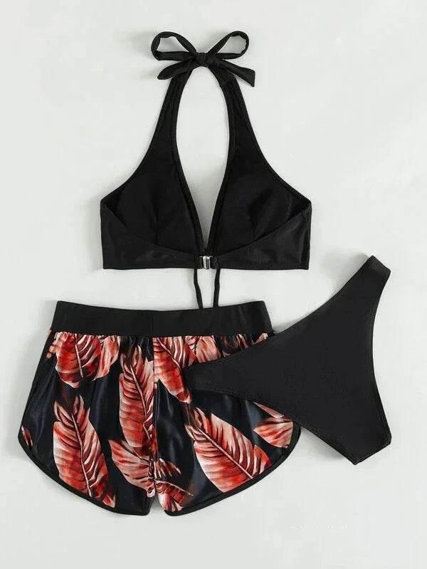 3pcs Leaf Print Bikini with Shorts - Stylish Summer Swimwear - ZA-Zola
