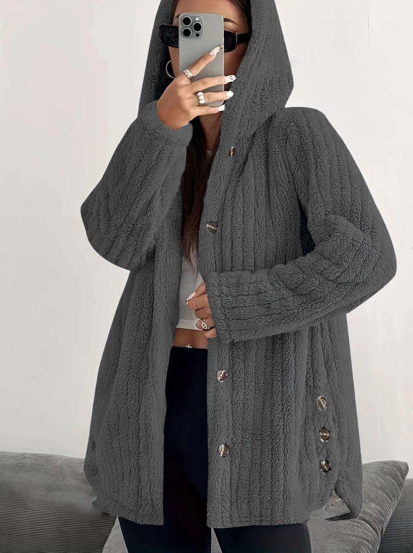 Women’s Hooded Plush Coat – Loose Long Sleeve Jacket - ZA-Zola