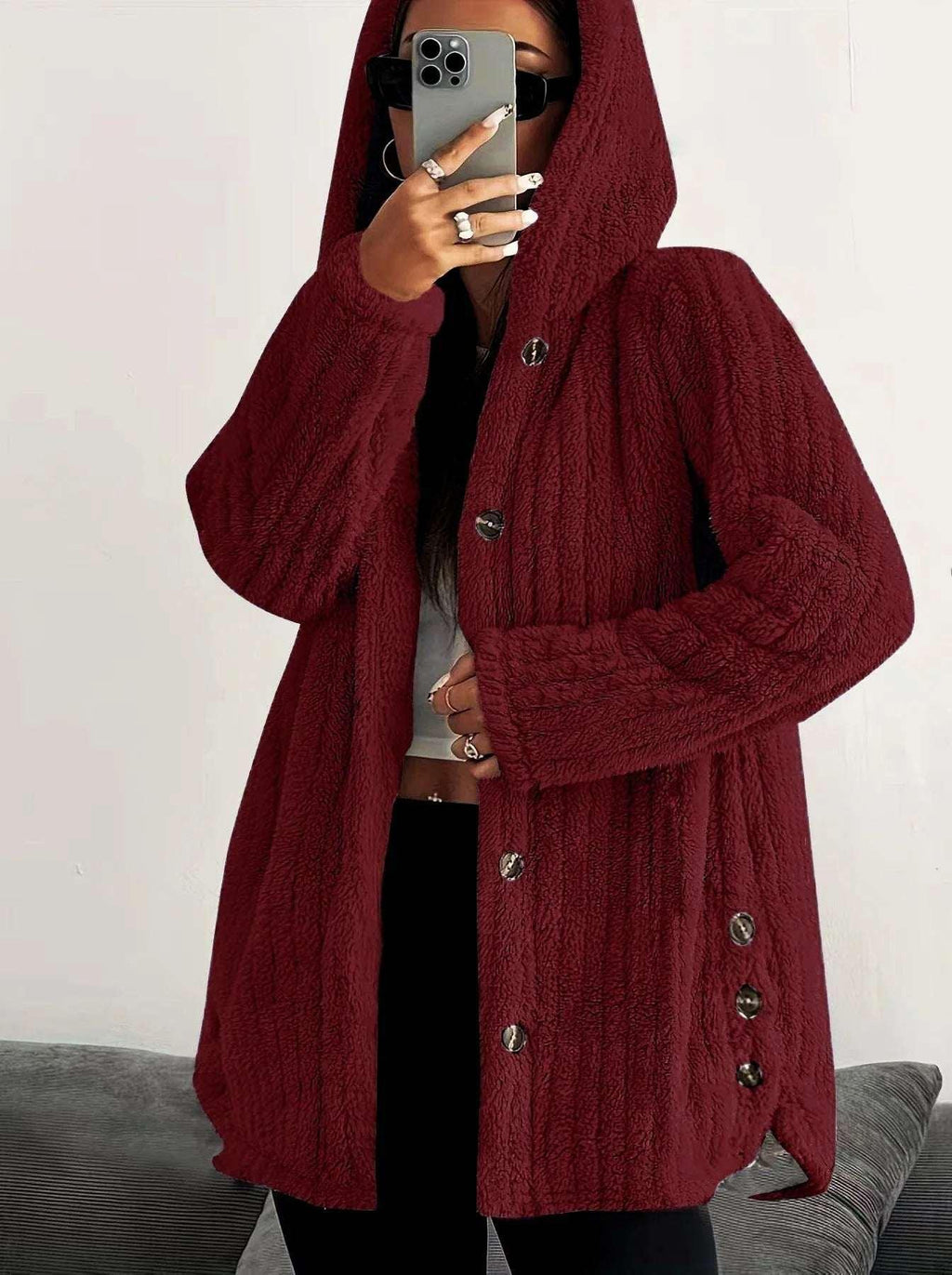 Women’s Hooded Plush Coat – Loose Long Sleeve Jacket - ZA-Zola