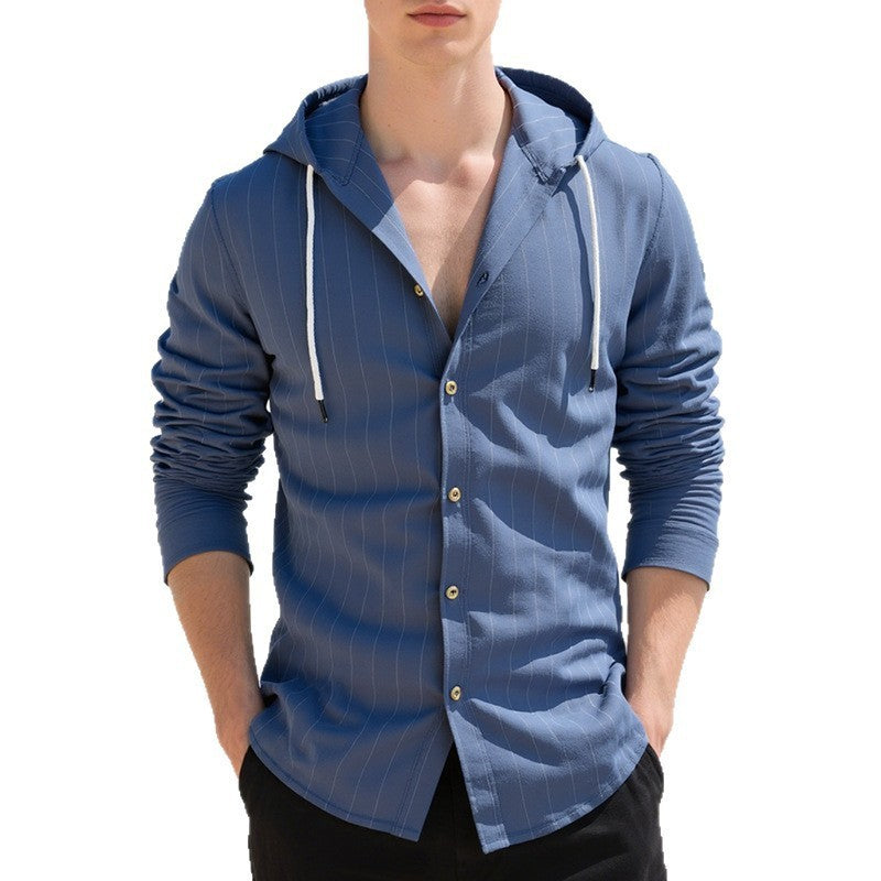 Blue striped shirt with a hood on a white background