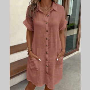 Summer Short Sleeve Shirt Dress Women Solid Color Mid-Length Loose Fit Dress