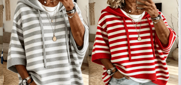 A side-by-side comparison of two striped hooded sweatshirts. On the left, a woman wears a gray and white horizontally striped hoodie with a white undershirt.
