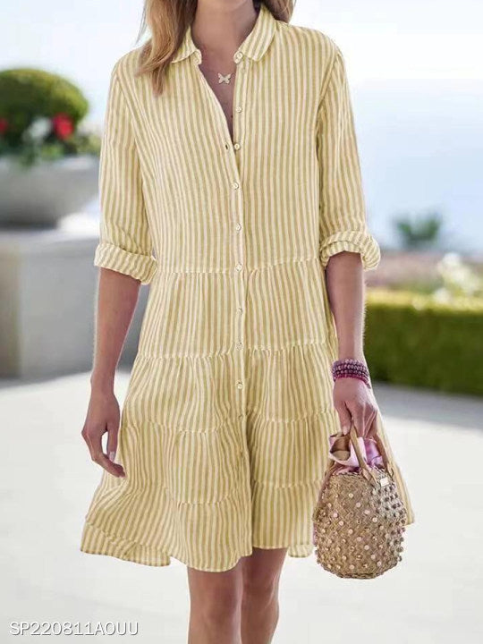 Ins Striped Long-sleeved Shirt Dress Fashion Lapel Button Women Dress