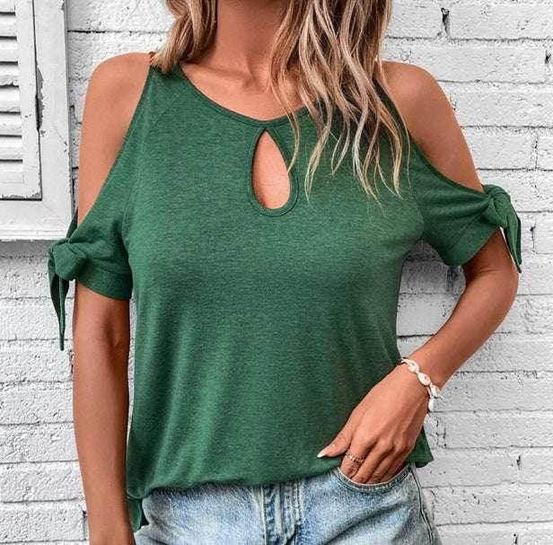 Hollow Lace-Up Ruffled Sleeve T-Shirt – Women - ZA-Zola