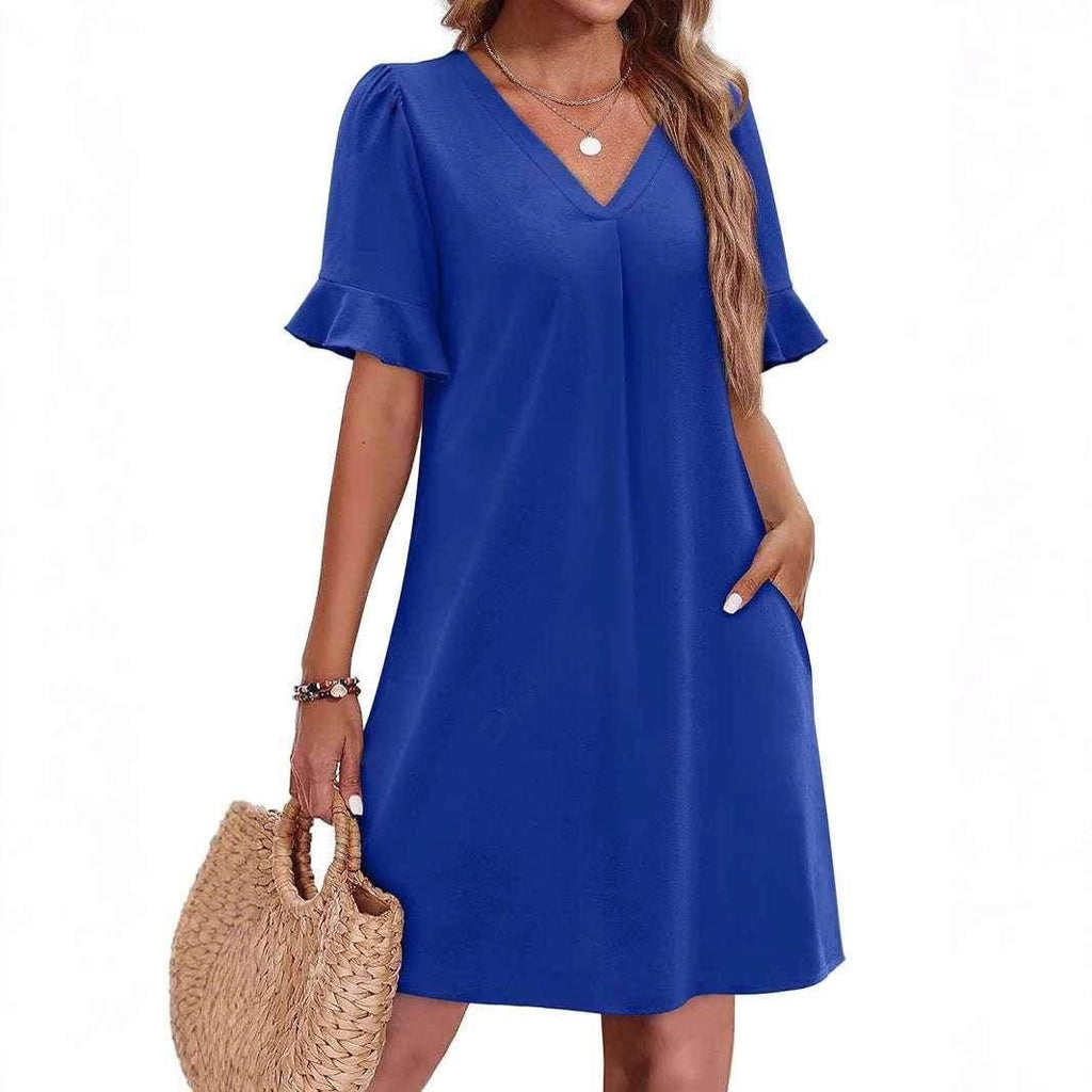 V-Neck Ruffled Vacation Dress with Pockets – Women - ZA-Zola