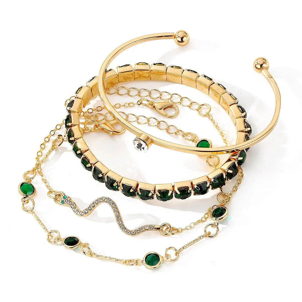 Green Diamond Stretch Bracelet Set | 4-Piece Elegant Jewelry - ZA-Zola