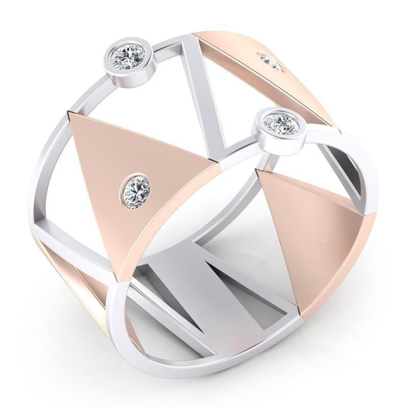 Geometric ring with rose gold and silver design on a white background