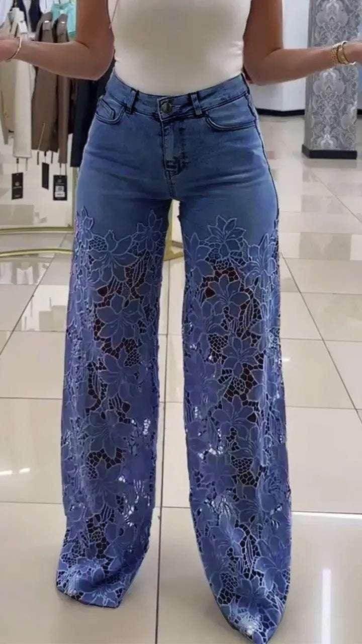 Y2K Lace Hollow Wide Leg Jeans – High Waist Fit - ZA-Zola
