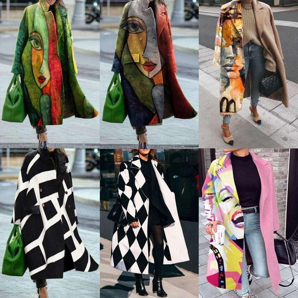 Women Plaid Long Coat Color Match Loose Fit - ZA-Zola