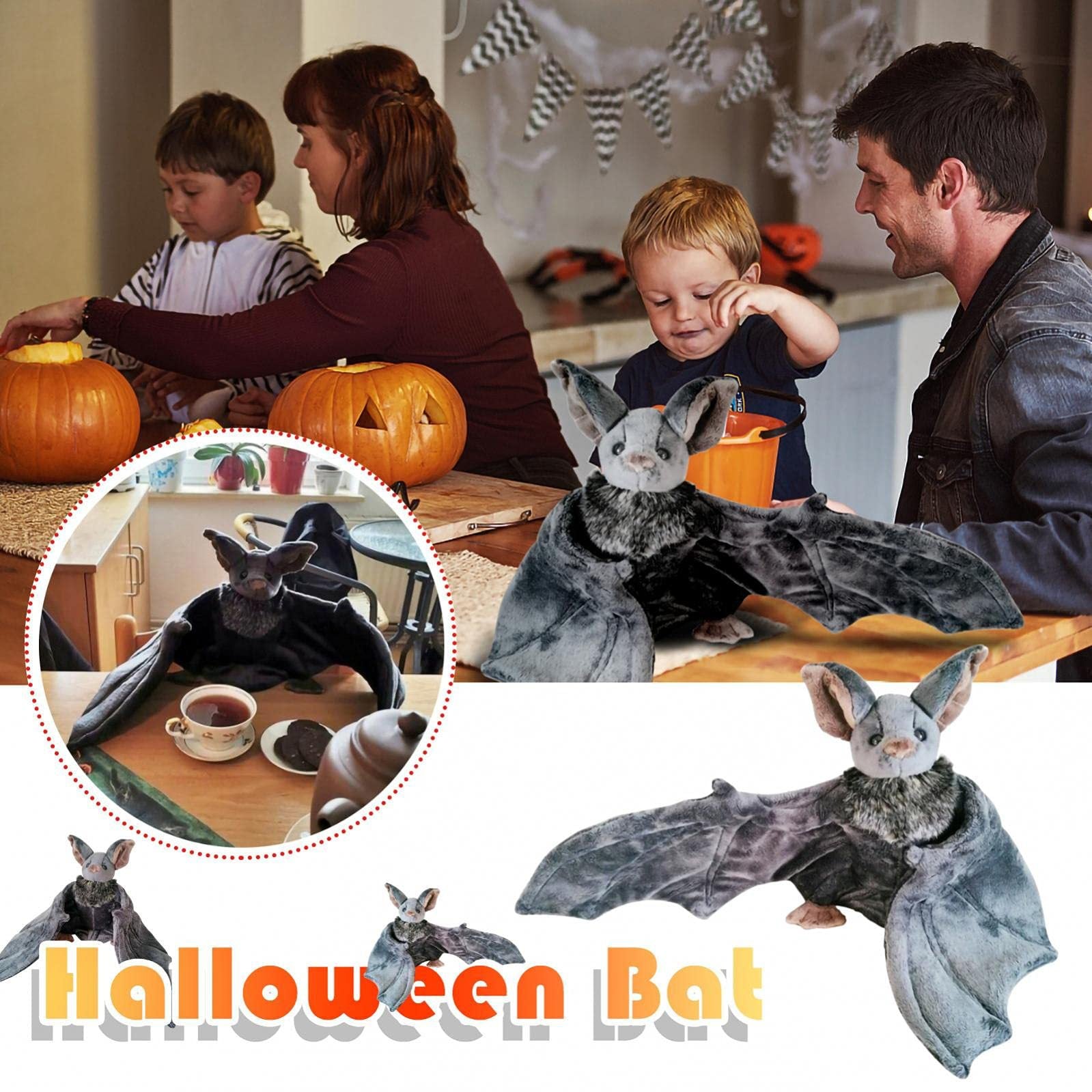 Family in a kitchen with pumpkins and a Halloween bat costume, with inset images of the bat costume.
